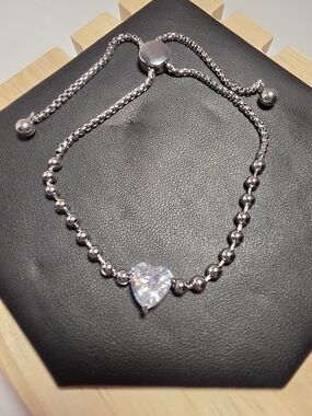 Silver Tone  Heart CZ Beaded Adjustable Bracelet - Stainless Steel. New.